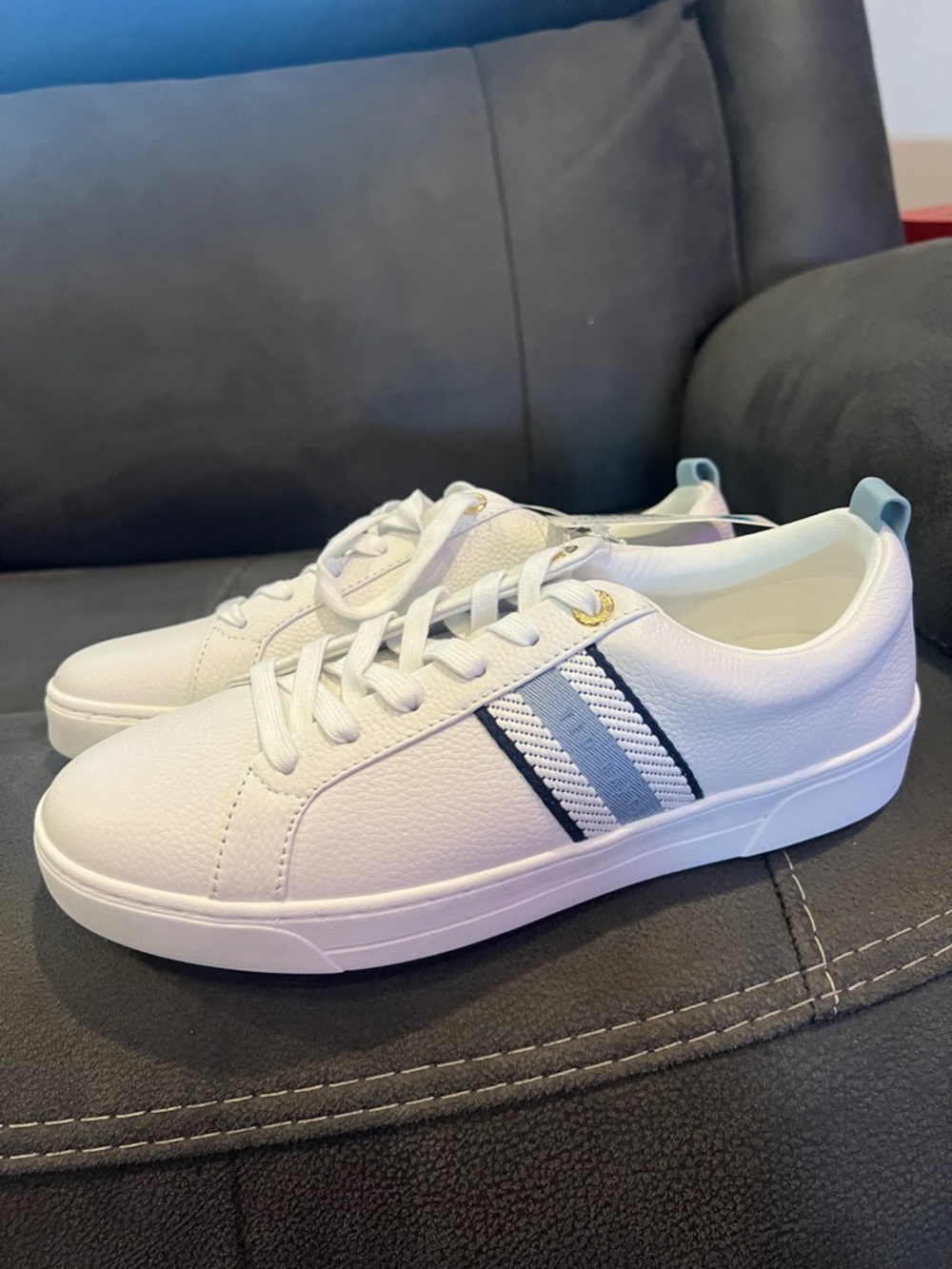 Ted Baker White Sneakers with Navy and Light Blue Stripes